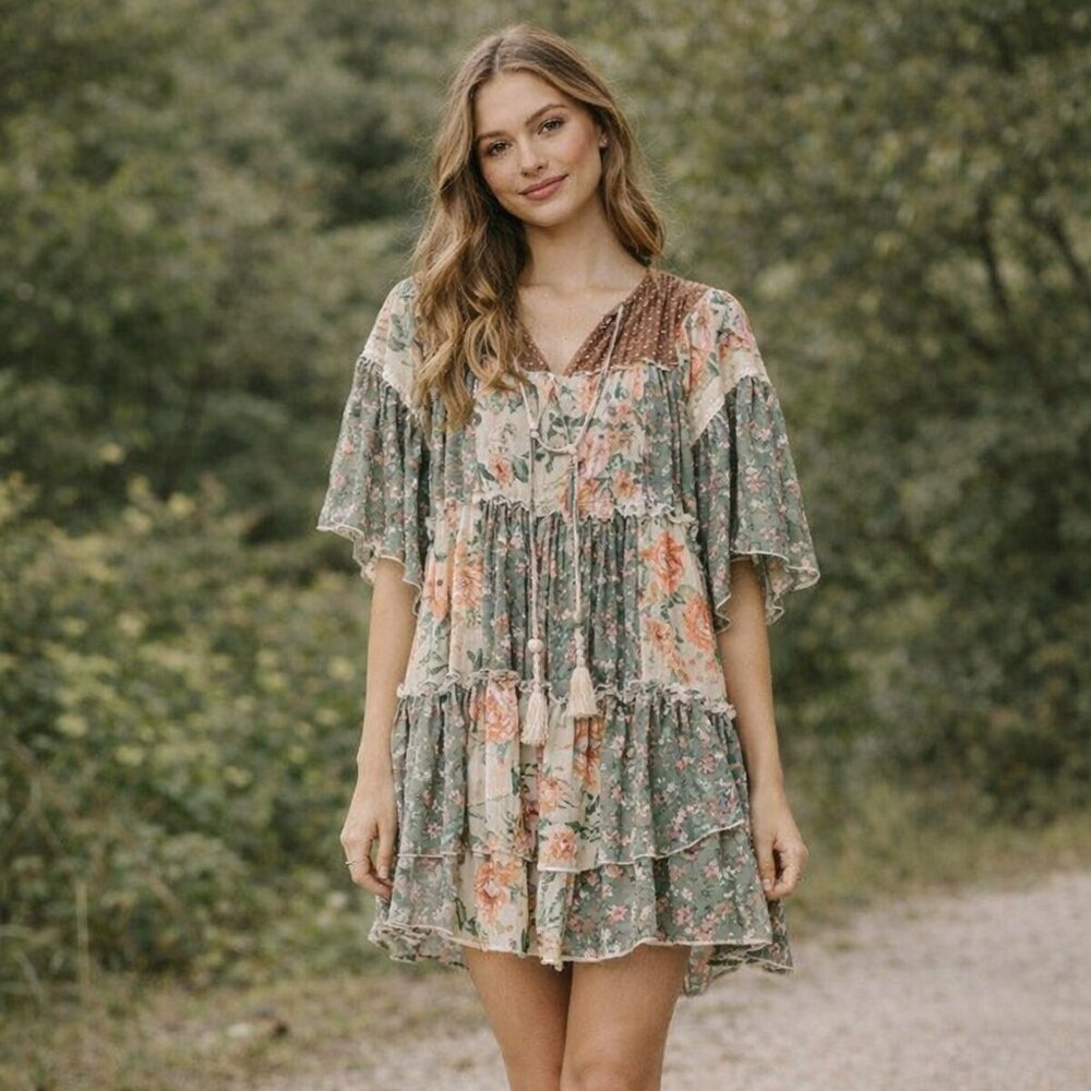 RRB Brown & Beige Flowered Long Sleeve Tiered Mini Shirt‎ Dress | Sz. Small